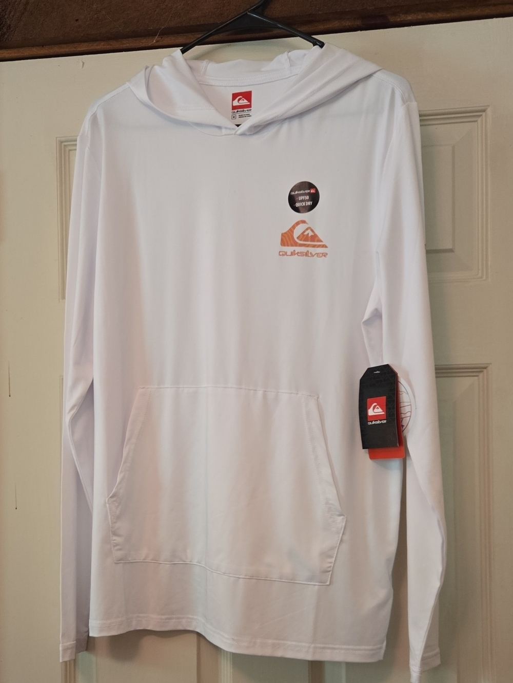 Quiksilver Men's White Crewneck Performance Hoodie with Orange Logo Nwt. Sz M.